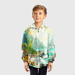 Ветровка с капюшоном детская Художественный пейзаж море скалы, цвет: 3D-белый — фото 2