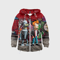 Ветровка с капюшоном детская Bender bending robot and Fry - ai art graffiti, цвет: 3D-белый