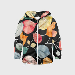 Ветровка с капюшоном детская Разноцветные акварельные листья на чёрном, AI, цвет: 3D-белый