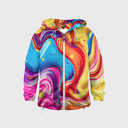 Ветровка с капюшоном детская Смесь красно-жёлто-голубых масляных красок абстрак, цвет: 3D-белый