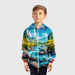 Ветровка с капюшоном детская Пейзаж художественный горы речка камни, цвет: 3D-белый — фото 2