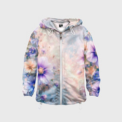 Ветровка с капюшоном детская Нежный голубой цветочный с золотистым свечением, цвет: 3D-белый