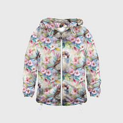 Ветровка с капюшоном детская Воробей в ярких цветах паттерн, цвет: 3D-белый