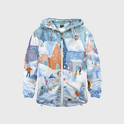 Ветровка с капюшоном детская Предновогодний день во дворе, цвет: 3D-белый