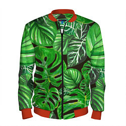Бомбер мужской Тропические листья на темном фоне, цвет: 3D-красный