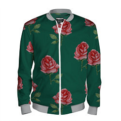 Бомбер мужской Ярко красные розы на темно-зеленом фоне, цвет: 3D-меланж