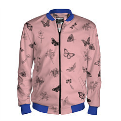 Бомбер мужской Цветочки и бабочки на розовом фоне, цвет: 3D-синий