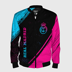 Бомбер мужской Real Madrid - neon gradient: символ и надпись верт, цвет: 3D-черный
