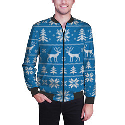 Бомбер мужской Рождественский синий свитер с оленями, цвет: 3D-черный — фото 2