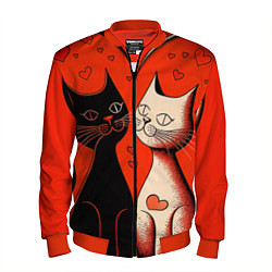 Бомбер мужской Влюблённые кошки на красном фоне, цвет: 3D-красный