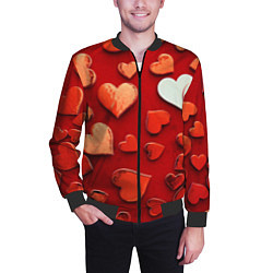 Бомбер мужской Красные сердца на красном фоне, цвет: 3D-черный — фото 2