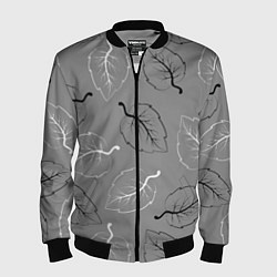 Бомбер мужской Узор из черных и белых листьев на сером фоне, цвет: 3D-черный