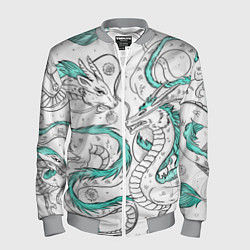 Бомбер мужской Дракон Хаку в стиле тату: белый и бирюзовый паттер, цвет: 3D-меланж