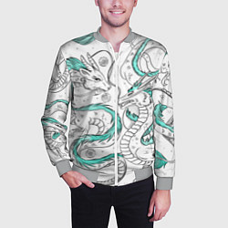 Бомбер мужской Дракон Хаку в стиле тату: белый и бирюзовый паттер, цвет: 3D-меланж — фото 2