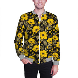 Бомбер мужской Желтые цветы на черном фоне паттерн, цвет: 3D-меланж — фото 2