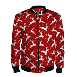 Бомбер мужской Красный паттерн с новогодними оленями, цвет: 3D-черный