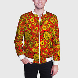 Бомбер мужской Хохломская роспись золотистые цветы на красном фон, цвет: 3D-белый — фото 2