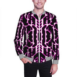 Бомбер мужской Техно белые линии с розовой обводкой на чёрном фон, цвет: 3D-меланж — фото 2