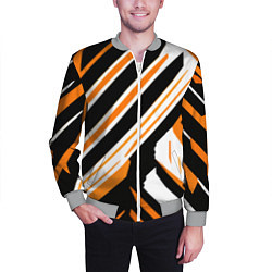 Бомбер мужской Чёрно-оранжевые полосы на белом фоне, цвет: 3D-меланж — фото 2