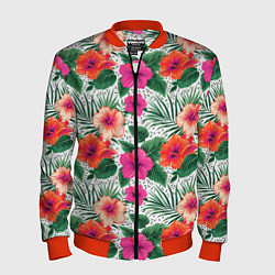 Мужской бомбер Цветы гибискуса и листья мальмы летний тропический