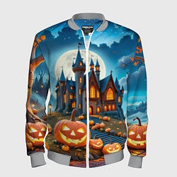Бомбер мужской Ночь Хэллоуина тыквы и замок, цвет: 3D-меланж
