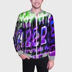 Бомбер мужской Фиолетово-зелёная абстракция на чёрном фоне, цвет: 3D-меланж — фото 2