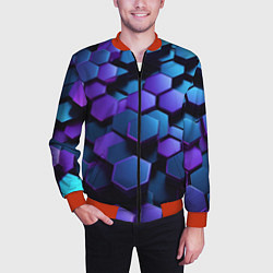 Бомбер мужской Трехмерные фиолетовые шестиугольники, цвет: 3D-красный — фото 2
