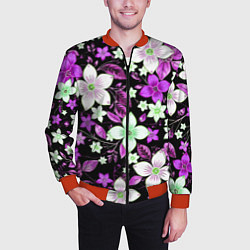 Бомбер мужской Фиолетово-белые цветы на чёрном фоне, цвет: 3D-красный — фото 2