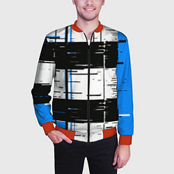 Бомбер мужской Синие и чёрные полосы на белом фоне, цвет: 3D-красный — фото 2