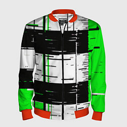 Бомбер мужской Зелёные и чёрные полосы на белом фоне, цвет: 3D-красный