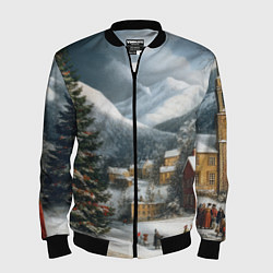 Мужской бомбер Новогодняя огромная елка и маленькие домики
