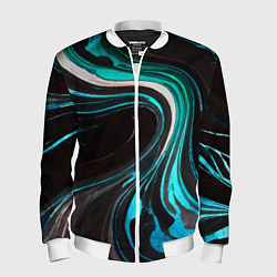 Бомбер мужской Волнистые бело-голубые линии на чёрном фоне, цвет: 3D-белый