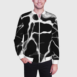 Бомбер мужской Белые абстрактные полосы на чёрном фоне, цвет: 3D-белый — фото 2