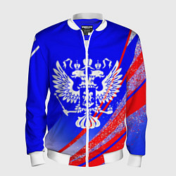 Мужской бомбер Герб России на фоне цветов флага синий