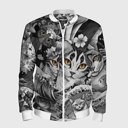 Бомбер мужской С котами и рыбой на фоне сакуры в волнах, цвет: 3D-белый