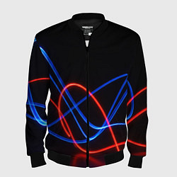 Мужской бомбер Красно синие неоновые линии на черном фоне
