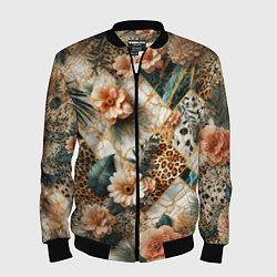 Мужской бомбер Цветы на кусках мрамора и леопардовом узоре