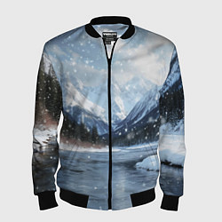 Бомбер мужской Снежный горный пейзаж с елями и рекой, цвет: 3D-черный