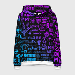 Толстовка-худи мужская Неоновые лого игр, цвет: 3D-белый