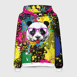 Толстовка-худи мужская Панда хипстер в брызгах краски, цвет: 3D-белый