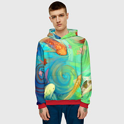 Толстовка-худи мужская Золотые рыбы в море абстракции, цвет: 3D-красный — фото 2