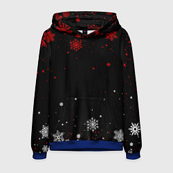 Толстовка-худи мужская КРАСНО БЕЛЫЕ СНЕЖИНКИ НА ЧЁРНОМ ФОНЕ, цвет: 3D-синий