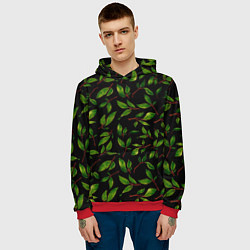 Толстовка-худи мужская Яркие зеленые листья на черном фоне, цвет: 3D-красный — фото 2