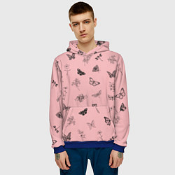 Толстовка-худи мужская Цветочки и бабочки на розовом фоне, цвет: 3D-синий — фото 2