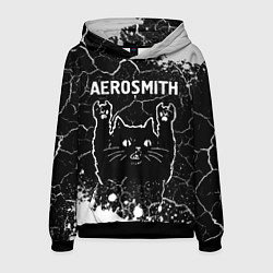 Толстовка-худи мужская Группа Aerosmith и Рок Кот, цвет: 3D-черный