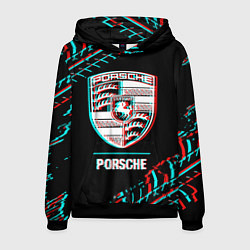 Толстовка-худи мужская Значок Porsche в стиле Glitch на темном фоне, цвет: 3D-черный