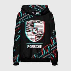 Мужская толстовка Значок Porsche в стиле Glitch на темном фоне