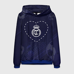 Толстовка-худи мужская Лого Real Madrid в сердечке на фоне мячей, цвет: 3D-синий