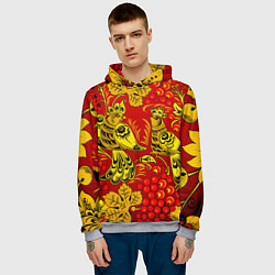 Толстовка-худи мужская Хохломская Роспись Две Птици На Красном Фоне, цвет: 3D-меланж — фото 2