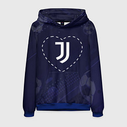 Толстовка-худи мужская Лого Juventus в сердечке на фоне мячей, цвет: 3D-синий